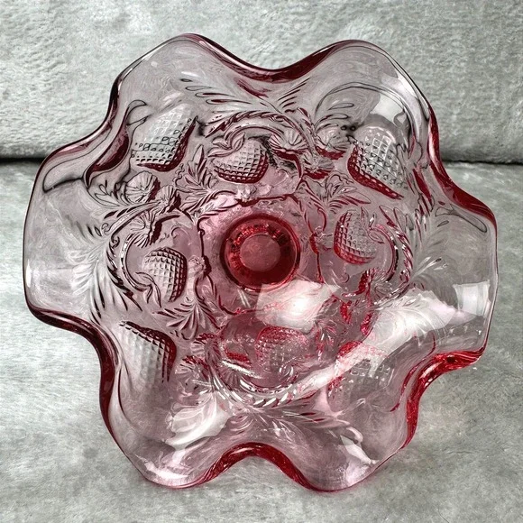 Fenton Ruby Pink Vintage Strawberry Pattern Pedestal Compote Ruffled Edge Glass - Picture 6 of 12